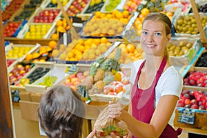 Shop assistant serving customer in grocers