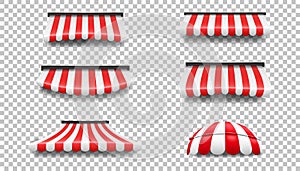 Shop awning, red roof canopy, stripe tent for market, store or restaurant different shapes, vintage sunshade front