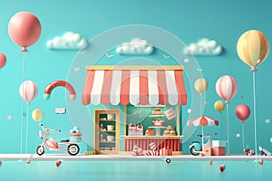 Shop With Balloons on Blue Background