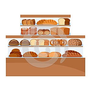 Shop of bread products. Counter. Vector flat illustration