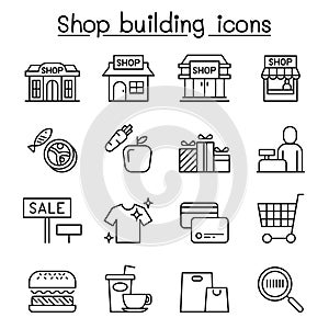 Shop building, Shopping mall, supermarket icon set in thin line style