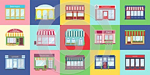 Shop buildings. Cartoon store facades. Flat colorful cards with pharmacy and boutique, cafe and bookstore. Front view of