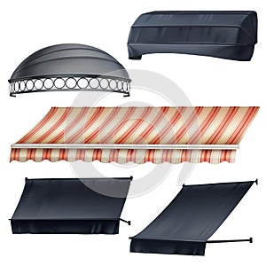 Shop canopy, store awning set. Tents, sun shade shelters isolated photo