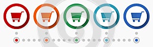Shop, cart, buy concept vector icon set, flat design colorful buttons, infographic template in 5 color options