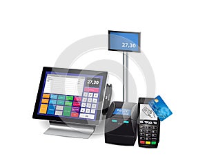 Shop cash register, printer and card payment terminal