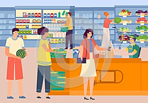Shop cashier in grocery, vector illustration, flat man woman customer character buy food in supermarket, make retail