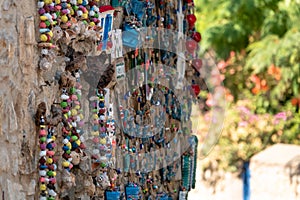 Shop counter with colorful bracelets, evil eye bead protect amulets