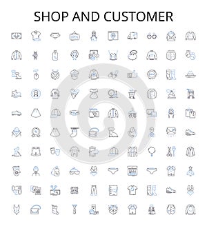 Shop and customer outline icons collection. Shop, Customer, Shopping, Buyer, Store, Purchaser, Retail vector