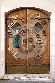 Shop doors decorated with picture frames