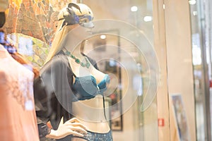 Shop dummy underwear fashion lingerie mannequin in department store boutique window wearing current fashions in clothes