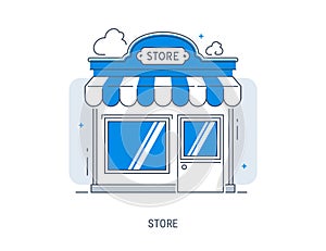 Shop facade flat line art design vector illustration, small retail shop building