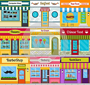 Shop facades and restaurant fronts set.