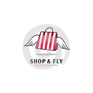 Shop and fly logo shopping bag with wing icon, logo for ecommerce marketplace business