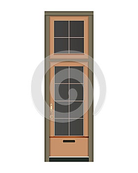 Shop-Front brown door in realistic style. Facade with wooden classic door. Golden elements