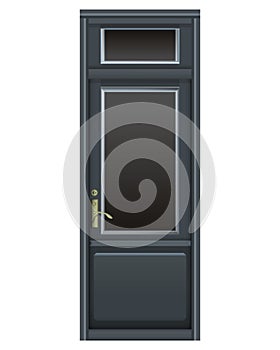 Shop-Front dark door in realistic style. Facade with wooden classic door. Golden elements