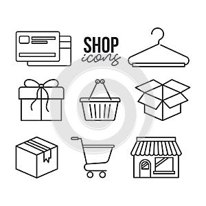 Shop icons credit card shopping basket gift box cart store in monocrome color