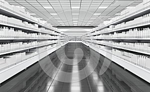 Shop interior with shelves for goods and black floor.