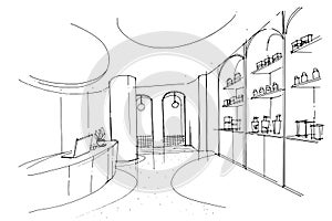 shop line sketch,a line drawing Using interior architecture, assembling graphics, working in architecture, and interior design,