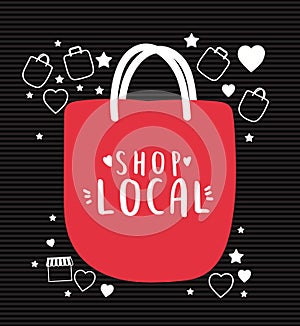 Shop local in bag with hearts and stars vector design