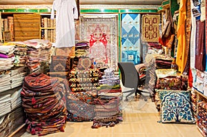 Shop of local fabrics sale in a shop Muttrah Souk, in Mutrah, Muscat, Oman, Middle East photo