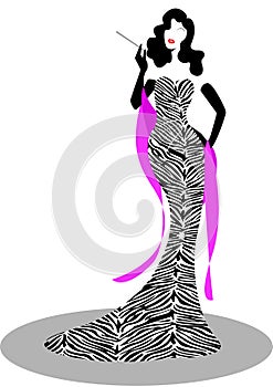 Shop logo fashion woman, brunette silhouette diva. Company logo design, Beautiful cover girl retro in striped dress