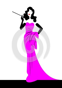 Shop logo fashion woman, black silhouette diva. Company logo design, Beautiful cover girl retro in Pink dress , isolated