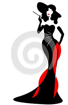 Shop logo fashion woman, black silhouette diva with hat in evening dress. Company logo design, Beautiful cover girl retro ,