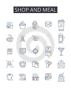 Shop and meal line icons collection. hop, Store, Boutique, Market, Emporium, Outlet, Establishment vector and linear