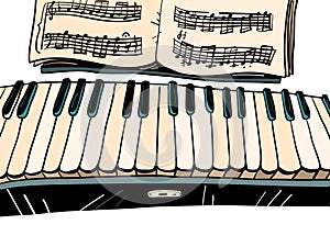 Shop with musical instruments. Piano with notes. Life is classical music. black and white keys