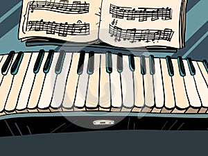 Shop with musical instruments. Piano with notes. Life is classical music. black and white keys