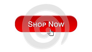 Shop now web interface button clicked with mouse cursor, red color, online