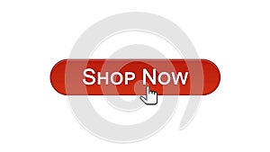 Shop now web interface button clicked with mouse cursor, wine red color, online