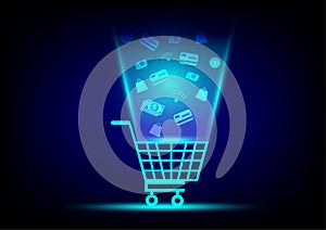 Shop online concept. Shopping cart, search, credit card and bag virtual icon on blue background. Digital marketing, e-commerce.
