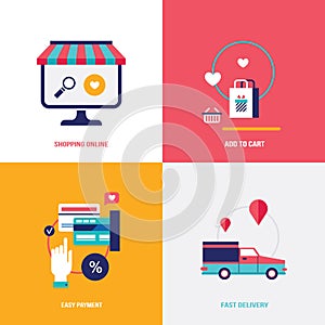 Shop online. Set of flat design icons for your business. Shopping,easy payment and fast delivery concept.