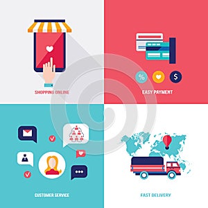 Shop online. Set of flat design icons for your business. Shopping,easy payment and fast delivery concept.