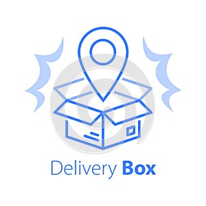 Shop order delivery, open box and location pin, receive postal parcel, pick up point photo