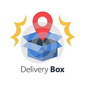 Shop order delivery, open box and location pin, receive postal parcel, pick up point