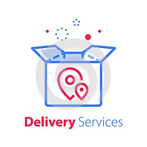 Shop order delivery, package and location pin, tracking box, receive postal parcel