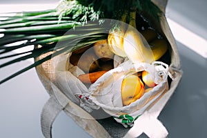 Shop plastic free. Zero waste shopping concept. Eco bags with fresh vegetables and fruits