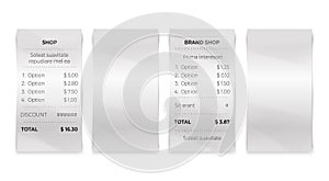 Shop receipt. Realistic restaurant bill and blank invoice paper isolated mockup. Vector store payment check and