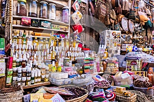 shop selling foods and typical products in the souk of Jemaa el-Fnaa square in Marrakesh