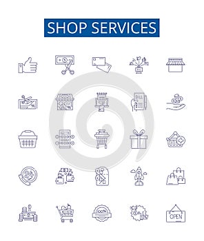 Shop services line icons signs set. Design collection of Retail, Boutique, Store, Purchase, Offering, Goods, Shopping