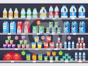 Shop shelf with milk products. Dairy grocery store shelves, milk bottle supermarket showcase and cheese product vector photo