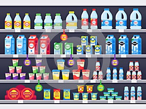 Shop shelf with milk products. Dairy grocery store shelves, milk bottle supermarket showcase and cheese product vector