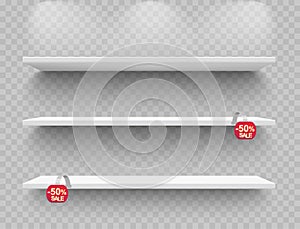 Shop shelves realistic with red sale wobblers. Empty storage racks. Store shelf. Vector