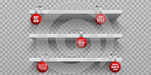 Shop shelves with wobblers. White 3D empty wall shelf with realistic round promotional wobblers. Vector sale wobbler on