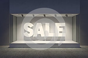 Shop showcase with sale banner in night, 3d rendering