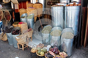 Shop with spice, herbs, herbal products and other goods in historical centre of Marrakesh