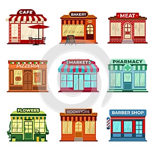 Shop store buildings. Market front exterior, isolated small business building icons. Supermarket, bakery restaurant or