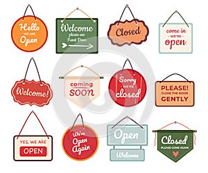 Shop store door entry sign and plaque board with different lettering and inscription isolated set